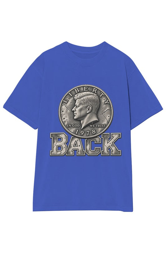 Half Back tee in navy — 1978 half dollar above BACK, YARD RULES