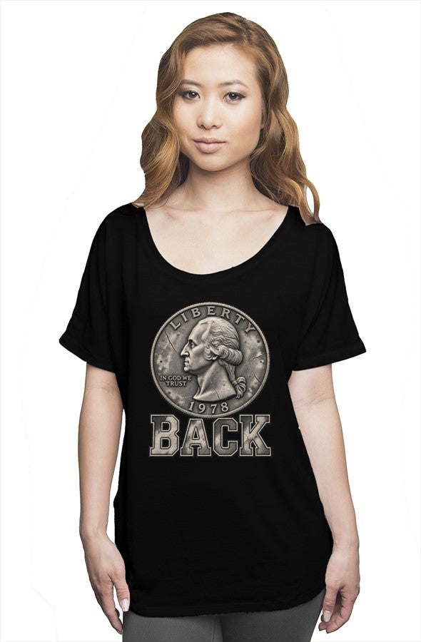 Tail Back women's slouchy tee in black — quarter tails side above BACK, YARD RULES