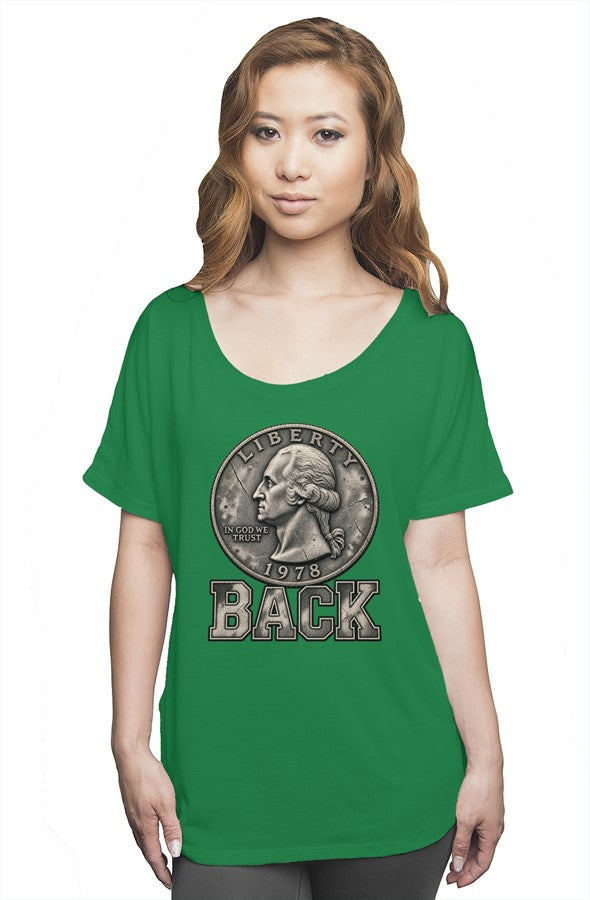 Tail Back women's slouchy tee in kelly green — quarter tails side above BACK, YARD RULES