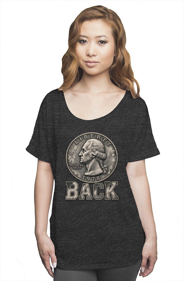 Tail Back women's slouchy tee in dark heather gray — quarter tails side above BACK, YARD RULES